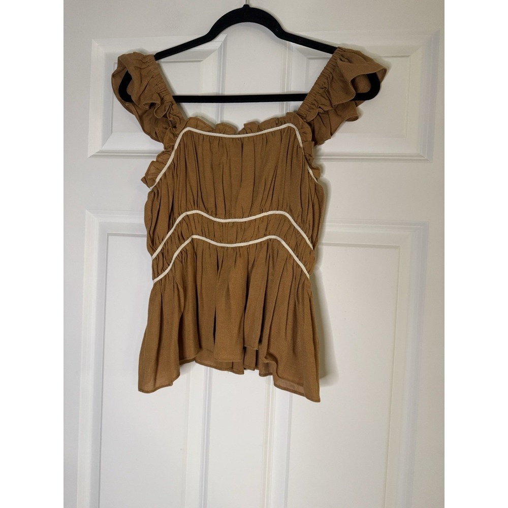 Wishlist Flutter Sleeve Tank Top With Smocking Brown Ivory Trim Small